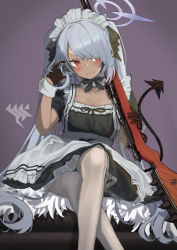 Rule 34 | 1girl, absurdres, alternate costume, black dress, black gloves, blue archive, blush, bolt action, breasts, closed mouth, crossed legs, dark-skinned female, dark skin, demon girl, demon tail, dress, enmaided, frilled dress, frills, gloves, gradient background, gun, halo, hand up, highres, holding, holding weapon, iori (blue archive), long hair, looking at viewer, maid, maid headdress, mauser 98, medium breasts, puffy short sleeves, puffy sleeves, red eyes, rifle, samgo, short sleeves, silver hair, simple background, sitting, solo, sweatdrop, tail, twintails, very long hair, weapon, white legwear