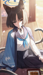 1girl animal_ears bakeneko black_eyes black_hair black_nails black_sailor_collar blue_archive blue_halo blue_neckerchief breasts cat_ears cat_girl cat_tail cherry_blossoms choker dango eyeliner food halo highres japanese_clothes kikyou_(blue_archive) kimono_on_shoulders looking_at_viewer makeup medium_skirt mitarashi_dango multiple_tails neckerchief parted_bangs pleated_skirt ribbon_choker sailor_collar school_uniform serafuku shirt short_hair sitting skirt tail tea two_tails usuke_(u_skeeep) wagashi white_shirt