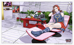 Rule 34 | 1980s (style), arm support, bare shoulders, blue eyes, boots, bottle, brown hair, chair, computer, elbow gloves, flower, flower pot, glass, gloves, gold trim, grey footwear, grey gloves, grey scarf, headphones, heart, indoors, jose salot, knee boots, laptop, long hair, looking at viewer, marble floor, oldschool, original, parted lips, picture frame, red lips, red sash, retro artstyle, sash, scarf, single elbow glove, sitting, sleeveless, twitter username