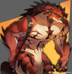 Rule 34 | 1boy, abs, absurdres, animal print, bag, bara, beak, black sclera, bulge, cat print, colored sclera, dragon boy, dragon horns, feet out of frame, furry, furry male, highres, horns, large pectorals, male focus, monster hunter (series), muscular, muscular male, nude, pectorals, rathalos, rathalosx4, scales, short hair, shoulder bag, sideburns, solo, stomach, thighs