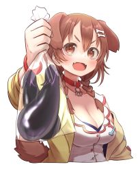 Rule 34 | 1girl, :d, animal ears, bag, blush, bone hair ornament, braid, breasts, brown eyes, brown hair, choker, cleavage, collarbone, commentary, dog ears, dog girl, dog tail, dress, eggplant, fangs, hair between eyes, hair ornament, holding, holding bag, hololive, inugami korone, inugami korone (1st costume), jacket, looking at viewer, medium breasts, medium hair, off shoulder, open clothes, open jacket, open mouth, plastic bag, red choker, side braids, simple background, smile, solo, tail, twin braids, upper body, virtual youtuber, white background, white dress, wristband, yellow jacket, yoshida on