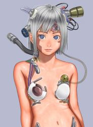 Rule 34 | 1girl, android, bare shoulders, brazen, cable, cyborg, female focus, grey background, grey hair, looking at viewer, mechanical parts, multicolored eyes, navel, short hair, simple background, solo, upper body