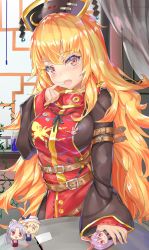 Rule 34 | 1girl, arm belt, arm up, ashu, belt, blonde hair, buckle, character doll, chinese clothes, commentary request, crescent moon symbol, curtains, fang, finger to mouth, flag, hair between eyes, hat, highres, junko (touhou), long hair, long sleeves, looking at viewer, octopus, open mouth, plant, rabbit pin, red eyes, reisen udongein inaba, solo, tabard, table, thick eyebrows, touhou, very long hair, vines, watatsuki no toyohime, watatsuki no yorihime, white flag