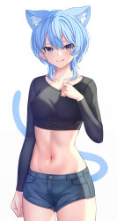 Rule 34 | 1girl, absurdres, animal ears, aoi zerii, black shirt, blue eyes, blue hair, blue shorts, breasts, cat ears, cat girl, cat tail, collarbone, crop top, fang, highres, hololive, hoshimachi suisei, long sleeves, midriff, navel, shirt, short shorts, shorts, simple background, small breasts, smile, star (symbol), star in eye, stomach, symbol in eye, tail, thighs, virtual youtuber, white background