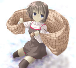 Rule 34 | 1girl, black thighhighs, blue eyes, brown hair, from above, full body, holding, kanon, looking at viewer, looking up, misaka shiori, satou takeshi, seiza, shawl, short hair, simple background, sitting, snow, solo, sweater, thighhighs, towel, turtleneck, white background, zettai ryouiki