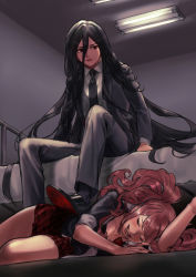 Rule 34 | 1boy, 1girl, bed, closed eyes, collared shirt, danganronpa (series), danganronpa 3 (anime), dress shoes, enoshima junko, grin, has bad revision, has watermarked revision, kamukura izuru, long hair, looking to the side, lying, necktie, on bed, on floor, rei (tdn ng), saliva, shirt, sitting, skirt, smile, stepped on, twintails, very long hair