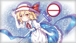 Rule 34 | 1girl, apron, blonde hair, blue background, blue bow, blue dress, bow, dress, elbow gloves, eyelashes, floral background, frilled apron, frilled dress, frills, gloves, guozimiao, hat, hat bow, highres, holding, holding clothes, holding hat, kana anaberal, light blush, open mouth, phantasmagoria of dim.dream, puffy short sleeves, puffy sleeves, red bow, red ribbon, ribbon, road sign, short hair, short sleeves, sign, solo, touhou, touhou (pc-98), white apron, white hat, yellow eyes