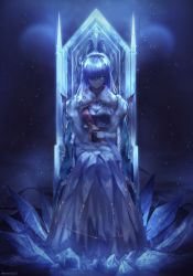 Rule 34 | 1girl, anastasia (fate), blue eyes, cape, commentary request, crown, crystal, doll, dress, fate/grand order, fate (series), full body, hair over one eye, hairband, highres, holding, holding doll, ice, long dress, long hair, looking at viewer, mini crown, one eye covered, reluvy, royal robe, serious, silver hair, sitting, solo, throne, twitter username
