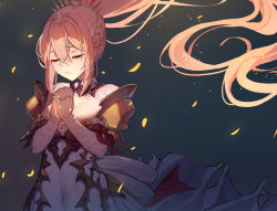 Rule 34 | 1girl, armor, bare shoulders, blonde hair, braid, breasts, cleavage, closed eyes, closed mouth, commentary request, covered navel, crossed bangs, detached collar, dress, eyelashes, floral print, glowing, hair between eyes, high ponytail, highres, long hair, own hands clasped, own hands together, shionne (tales), shoulder armor, solo, sparkle, tales of (series), tales of arise, upper body, very long hair, vierzeck, white dress