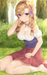 Rule 34 | 1girl, absurdres, blonde hair, blush, braid, breasts, cleavage, flower, frilled shirt, frills, fujimori shiki, hair flower, hair ornament, hair ribbon, highres, jewelry, large breasts, long hair, looking at viewer, necklace, official art, orange flower, original, outdoors, purple eyes, purple flower, red skirt, ribbon, shirt, sitting, skirt, solo