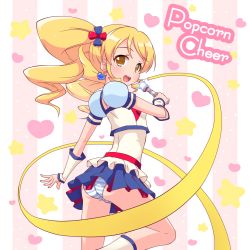 Rule 34 | 10s, 1girl, alternate form, ass, blonde hair, blue skirt, crop top, crop top overhang, cure honey, cure honey (popcorn cheer), detached sleeves, earrings, happinesscharge precure!, heart, heart background, highres, jewelry, k10k, magical girl, midriff, miniskirt, multicolored clothes, multicolored skirt, oomori yuuko, panties, pantyshot, precure, ribbon, short hair, skirt, smile, solo, standing, star (symbol), starry background, striped background, striped clothes, striped panties, twintails, underwear, upskirt, vertical stripes, wand, yellow eyes