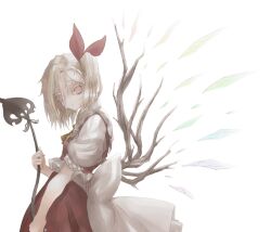 Rule 34 | 1girl, ascot, bow, breasts, closed mouth, collared shirt, cowboy shot, flandre scarlet, frilled sleeves, frills, from side, hair bow, holding, holding polearm, holding weapon, huge bow, inaka blade, laevatein (touhou), large bow, looking at viewer, medium hair, no headwear, one side up, polearm, puffy short sleeves, puffy sleeves, red bow, red eyes, red skirt, red vest, shirt, short sleeves, simple background, skirt, small breasts, solo, touhou, vest, weapon, white background, white bow, white shirt, yellow ascot