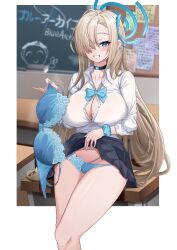 Rule 34 | 1girl, absurdres, aqua bow, aqua bowtie, aqua bra, aqua panties, doodle sensei (blue archive), asuna (blue archive), asymmetrical bangs, bare legs, black choker, black skirt, blue archive, blue eyes, bow, bowtie, bra, unworn bra, breasts, chalkboard, choker, classroom, cleavage, clothes lift, collarbone, desk, doodles, feet out of frame, hair over one eye, halo, highres, holding, holding bra, holding clothes, holding underwear, indoors, large breasts, lifted by self, light brown hair, long bangs, long hair, looking at viewer, mz (yeye ai chipao mian), one eye covered, open collar, panties, partially unbuttoned, school desk, school uniform, sensei (blue archive), shirt, skirt, skirt lift, solo, steam, underwear, very long hair, white shirt