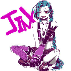 Rule 34 | 1girl, belt, blue hair, boots, braid, bullet, fang, female focus, gloves, jinx (league of legends), league of legends, long hair, partially colored, pink eyes, shorts, single thighhigh, sitting, smile, solo, tattoo, thighhighs, twin braids, white background, wink
