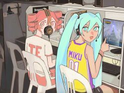 2girls :d alternate_costume aqua_eyes aqua_hair basketball_jersey character_name commentary computer_keyboard counter-strike_(series) dark-skinned_female dark_skin dragon_nest drill_hair english_commentary hatsune_miku headphones highres internet_cafe kasane_teto long_hair looking_at_viewer los_angeles_lakers monobloc_(chair) multiple_girls open_mouth penis_drawing philippines pink_eyes red_hair red_shorts short_hair shorts sitting smile twin_drills utau vocaloid warcraft warcraft_iii when_you_see_it worldwide_miku wristband xyanaid