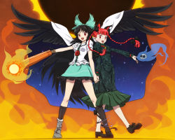 Rule 34 | 2girls, ah-negitorow, animal ears, arm cannon, asymmetrical footwear, black hair, black wings, blush, bow, braid, cape, cat ears, cat girl, cat tail, extra ears, female focus, fire, hair bow, holding hands, interlocked fingers, kaenbyou rin, long hair, looking at viewer, mismatched footwear, multiple girls, multiple tails, open mouth, outstretched arm, red eyes, red hair, reiuji utsuho, short hair, short sleeves, skull, smile, tail, third eye, touhou, twin braids, weapon, wings