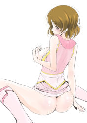 Rule 34 | 10s, 1girl, ass, blush, breasts, brown eyes, brown hair, clothes lift, covering nipples, covering privates, frapowa, koizumi hanayo, large breasts, love live!, love live! school idol festival, love live! school idol project, no panties, open clothes, pink theme, short hair, sideboob, sitting, skirt, skirt lift, sleeveless, solo, wariza