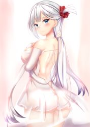 Rule 34 | 1girl, ass, azur lane, blue eyes, blush, breasts, dress, earrings, from behind, hair ornament, hair scrunchie, highres, holding, holding own hair, jewelry, large breasts, long hair, looking at viewer, looking back, mole, mole under eye, no panties, one side up, red scrunchie, scrunchie, see-through, shoukaku (azur lane), shoukaku (the crane that dances with the wind) (azur lane), silver hair, solo, standing, white dress, yuano
