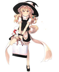 Rule 34 | 1girl, animalization, bag, blonde hair, bloomers, bow, braid, broom, broom riding, cat, cross-eyed, hair bow, hakurei reimu, hat, hat bow, kirisame marisa, mary janes, shin (new), shoes, shopping bag, side braid, smile, solo, touhou, underwear, witch hat, yellow eyes