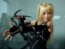 Rule 34 | 1girl, amane misa, amane misa (cosplay), asian, blade, blonde hair, breasts, color contacts, cosplay, cross, cross necklace, death note, elbow gloves, fingerless gloves, fishnet pantyhose, fishnet thighhighs, fishnets, gloves, indoors, jewelry, kipi-san, lace, long hair, looking at viewer, miniskirt, mole, necklace, pantyhose, photo (medium), skirt, small breasts, smile, solo, thighhighs, torn clothes, two side up