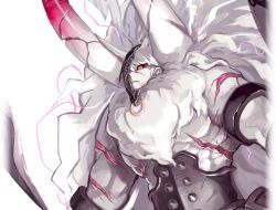 Rule 34 | 1boy, asterios (fate), black sclera, broken mask, colored sclera, fate/grand order, fate (series), horns, long hair, looking at viewer, male focus, mask, muscular, official art, red eyes, scar, shimadoriru, topless male, solo, spikes, upper body, white hair