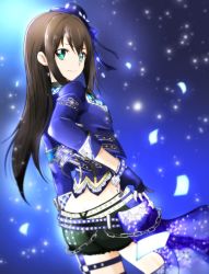 Rule 34 | 1girl, belt, black shorts, blue background, blue gloves, blue hat, blue jacket, blue ribbon, bracelet, brown hair, butt crack, closed mouth, cowboy shot, earrings, fingerless gloves, floating hair, from side, garter straps, gloves, green eyes, hair between eyes, hair ribbon, hat, idolmaster, idolmaster cinderella girls, jacket, jewelry, long hair, long sleeves, looking at viewer, looking back, midriff, mini hat, ribbon, shibuya rin, short shorts, shorts, smile, solo, standing, thigh strap, torn clothes, torn shorts, tsukikage oyama, very long hair