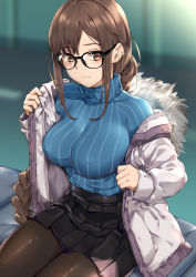 Rule 34 | 1girl, alternate costume, black pantyhose, blush, breasts, brown eyes, brown hair, closed mouth, contemporary, contrapposto, ear piercing, earrings, fate/grand order, fate (series), glasses, jewelry, large breasts, long hair, long sleeves, looking at viewer, multiple earrings, naha78, pantyhose, piercing, sitting, solo, thighs, very long hair, yu mei-ren (fate), yu mei-ren (first ascension) (fate)