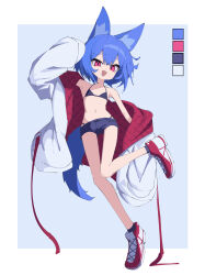Rule 34 | 1girl, :d, absurdres, animal ear fluff, animal ears, arm at side, arm up, armpits, bikini, blue hair, child, color guide, fox ears, fox girl, fox tail, full body, highres, jacket, leg up, looking at viewer, miya (myakuro), myakuro, off shoulder, open mouth, original, red eyes, shoes, short hair, short shorts, shorts, slit pupils, smile, sneakers, solo, standing, standing on one leg, string bikini, swimsuit, tail, thigh gap, white jacket