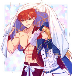 Rule 34 | 1boy, 1girl, abs, artoria caster (fate), artoria caster (second ascension) (fate), artoria pendragon (fate), belt, black gloves, blonde hair, blue eyes, blue headwear, bow, buttons, cape, cloak, emiya shirou, fate/grand order, fate (series), gloves, hat, highres, holding, looking at another, nagi t a, orange hair, rain, senji muramasa (fate), simple background, smile, toned, toned male, two-sided cloak, two-sided fabric, under covers, wristband, yellow eyes