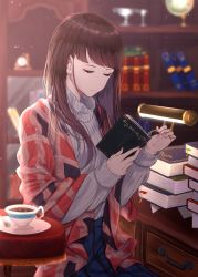 Rule 34 | 1girl, bad id, bad pixiv id, blue skirt, blurry, blurry background, blurry foreground, book, book stack, bookshelf, brown hair, closed eyes, closed mouth, commentary request, cup, day, depth of field, drawer, eyelashes, hands up, highres, holding, holding book, indoors, light particles, long hair, long sleeves, open book, original, plaid, pleated skirt, ribbed sweater, saitou (lynx-shrike), saucer, shirt tucked in, sitting, skirt, solo, spoon, sweater, table, tea, teacup, turtleneck, turtleneck sweater