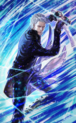 Rule 34 | 1boy, belt, black coat, blue eyes, coat, commentary, devil may cry (series), devil may cry 5, fingerless gloves, gloves, grey hair, hair slicked back, jiao mao, katana, male focus, pants, solo, standing, sword, vergil (devil may cry), weapon