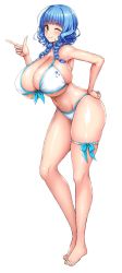 Rule 34 | 1girl, bikini, blue hair, blunt bangs, braid, breasts, brown eyes, btk, curvy, ebihara mai, full body, hand on own hip, highres, honoo no haramase oppai nyuu doukyuusei, huge breasts, long legs, looking at viewer, navel, one eye closed, sidelocks, simple background, skindentation, smile, solo, strap gap, swimsuit, thick thighs, thigh strap, thighs, twin braids, white background, wide hips, wink