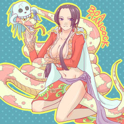 Rule 34 | 1girl, amazon lily, amazon warrior, black hair, boa hancock, breasts, cape, cleavage, earrings, epaulettes, female focus, jewelry, long hair, midriff, navel, one piece, resized, salome (one piece), skull, snake
