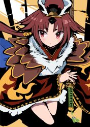 Rule 34 | 1girl, benienma (fate), bird hat, blush, brown hair, brown headwear, brown kimono, fate/grand order, fate (series), feather trim, hinomaru (futagun), japanese clothes, katana, kimono, long hair, long sleeves, low ponytail, open mouth, parted bangs, red eyes, solo, sword, very long hair, weapon, wide sleeves