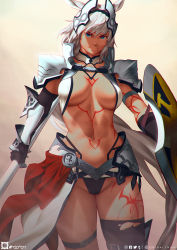 Rule 34 | 1girl, abs, animal ears, armor, bikini, black bikini, black gloves, black thighhighs, blue eyes, body markings, breasts, caenis (fate), cape, dark-skinned female, dark skin, elbow gloves, fate/grand order, fate (series), faulds, gloves, hair intakes, headpiece, highleg, highleg panties, highres, large breasts, long hair, looking at viewer, navel, orihalchon, panties, parted lips, pauldrons, polearm, ponytail, red cape, shield, shoulder armor, solo, spear, swimsuit, tattoo, thigh gap, thighhighs, underwear, waist cape, weapon, white hair, yellow background