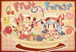 Rule 34 | !, 2girls, :d, ^^^, ^ ^, apple, banana, bat wings, blonde hair, blue hair, blush, bowl, candy, cherry, chibi, closed eyes, detached wings, dotted line, dress, eating, english text, fang, female focus, flandre scarlet, food, food bite, fruit, happy, hat, heart, in food, laevatein, mini person, mini wings, minigirl, multiple girls, open mouth, pink dress, red dress, red eyes, remilia scarlet, siblings, side ponytail, sisters, sitting, smile, spoken object, strawberry, takahero, touhou, wings