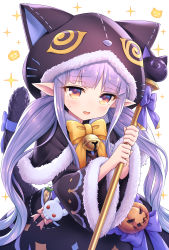Rule 34 | 1girl, animal ears, animal hood, black capelet, black jacket, black skirt, blush, bow, brown eyes, capelet, cat ears, cat girl, cat hood, cat tail, commentary request, fake animal ears, fur-trimmed capelet, fur-trimmed hood, fur-trimmed sleeves, fur trim, highres, holding, hood, hooded capelet, jack-o&#039;-lantern, jacket, kyoka (halloween) (princess connect!), kyoka (princess connect!), long hair, long sleeves, looking at viewer, open mouth, pointy ears, princess connect!, purple bow, purple hair, simple background, skirt, solo, sparkle, sweat, tail, tail bow, tail ornament, tail raised, tomo (tmtm mf mf), twintails, very long hair, white background, wide sleeves