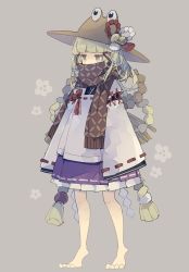 Rule 34 | 1girl, barefoot, bell, black dress, blonde hair, bow, brown hat, brown scarf, covered mouth, detached sleeves, dress, flower, frilled dress, frills, grey background, grey flower, hair ornament, hat, highres, long sleeves, looking to the side, moriya suwako, nikorashi-ka, purple dress, red bow, red ribbon, ribbon, ribbon-trimmed sleeves, ribbon trim, scarf, short hair, simple background, solo, standing, touhou, white dress, wide sleeves