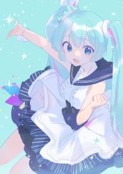 Rule 34 | 1girl, aqua background, aqua hair, blue archive, blue eyes, blue sailor collar, breasts, clenched hand, dress, frilled dress, frills, hair between eyes, hair ornament, hatsune miku, highres, kyuuri (miyako), long hair, medium breasts, multicolored hair, open mouth, pink hair, sailor collar, sailor dress, simple background, sleeveless, sleeveless dress, solo, sparkle, star (symbol), twintails, vocaloid, white dress
