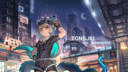 Rule 34 | 1boy, absurdres, child, city lights, closed mouth, commentary, commission, crescent, crescent moon, english commentary, highres, looking at viewer, male focus, moon, night, original, outdoors, solo, whinghope