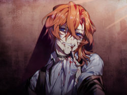 Rule 34 | 10s, 1boy, artist name, asymmetrical hair, bad id, bad pixiv id, black choker, blood, blood from mouth, blood on clothes, blood on face, blue eyes, bungou stray dogs, choker, hair between eyes, haro18, injury, long hair, looking at viewer, male focus, nakahara chuuya (bungou stray dogs), orange hair, shirt, solo focus, white shirt