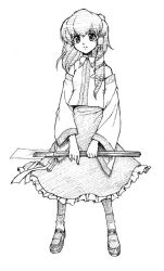 Rule 34 | 1girl, blackheart, blush, detached sleeves, female focus, frog hair ornament, full body, gohei, greyscale, hair ornament, kochiya sanae, looking at viewer, monochrome, nontraditional miko, oonusa, simple background, skirt, solo, standing, touhou, white background