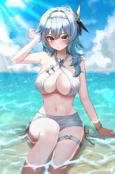 Rule 34 | 1girl, absurdres, alternate costume, arm up, bare shoulders, bikini, blue hair, blue sky, bracelet, breasts, cleavage, closed mouth, cloud, collarbone, commentary, cowboy shot, criss-cross halter, day, eula (genshin impact), genshin impact, hair between eyes, hair ornament, hairband, hairclip, halterneck, hand in own hair, hand up, highres, horizon, jewelry, knee up, large breasts, looking at viewer, medium hair, navel, nq (nnq q), ocean, partially submerged, side-tie bikini bottom, sidelocks, sky, sling bikini top, solo, stomach, sunlight, swimsuit, thigh strap, wet, white bikini, white hairband, yellow eyes