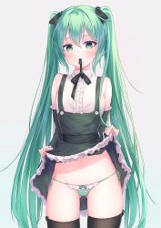Rule 34 | 1girl, absurdres, aqua eyes, aqua hair, bare shoulders, black thighhighs, bow, bow legwear, bow panties, clothes lift, dress, dress lift, frilled panties, frills, gluteal fold, grey background, hair between eyes, hatsune miku, highres, lifting own clothes, long hair, looking at viewer, matching hair/eyes, nanai29177, navel, panties, side-tie panties, simple background, solo, striped clothes, striped panties, thighhighs, twintails, underwear, very long hair, vocaloid, white background