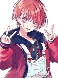 Rule 34 | 1boy, ear piercing, hood, hood down, hoodie, jewelry, long sleeves, looking at viewer, male focus, maruyama reo, multicolored clothes, open mouth, paradox live, piercing, red eyes, red hair, ring, riria arank, short hair, smile, solo, v, white background