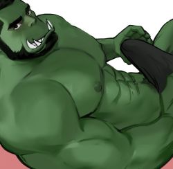 Rule 34 | 1boy, abs, bara, beard, black hair, brown male underwear, bulge, colored skin, dopey (dopq), erection, erection under clothes, facial hair, fangs, from side, green skin, highres, large pectorals, loincloth, looking at viewer, lying, male focus, male underwear, mature male, monster boy, muscular, muscular male, navel, navel hair, nipples, on back, orc, original, paid reward available, pectorals, pelvic curtain, pointy ears, short hair, solo, stomach, thick eyebrows, thick thighs, thighs, underwear, underwear only