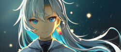 Rule 34 | 1girl, a (xenoblade), blue eyes, closed mouth, earrings, grey hair, hair between eyes, hair intakes, highres, jewelry, light particles, long hair, looking at viewer, messy hair, single earring, smile, solo, spiked hair, tomorimoriri, upper body, very long hair, xenoblade chronicles (series), xenoblade chronicles 3, xenoblade chronicles 3: future redeemed
