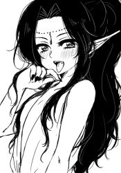 Rule 34 | 1boy, bad id, bad pixiv id, commentary request, demon, dress, forneus, greyscale, long hair, looking at viewer, male focus, monochrome, pointy ears, romancing saga 3, saga, simple background, sm156, smile, solo, trap, white background