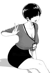 Rule 34 | 1girl, breasts, cleavage, crossed legs, earrings, greyscale, highres, id card, jewelry, lanyard, large breasts, looking at viewer, miniskirt, monochrome, norman maggot, office lady, olive laurentia, original, pencil skirt, pixie cut, shirt tucked in, short hair, simple background, sitting, skirt, sleeves pushed up, solo, w, white background