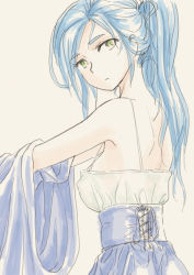 Rule 34 | 1girl, blue hair, breasts, chrono trigger, closed mouth, commentary request, corset, dress, green eyes, high ponytail, long hair, looking at viewer, ponytail, s-a-murai, schala zeal, simple background, solo